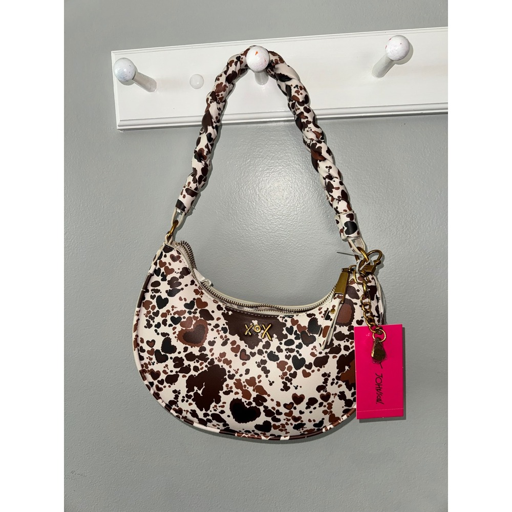 Betsey Johnson Xonorthy Cow Heart Print Hobo Bag Brown Cream BM30621 NEW